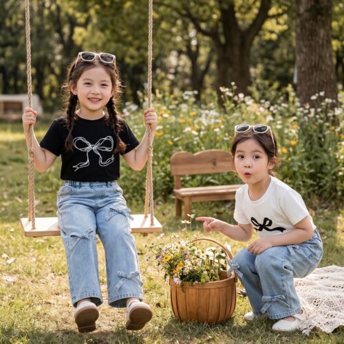 Girls Bow-Detail Wide-Leg Denim & Tee Set